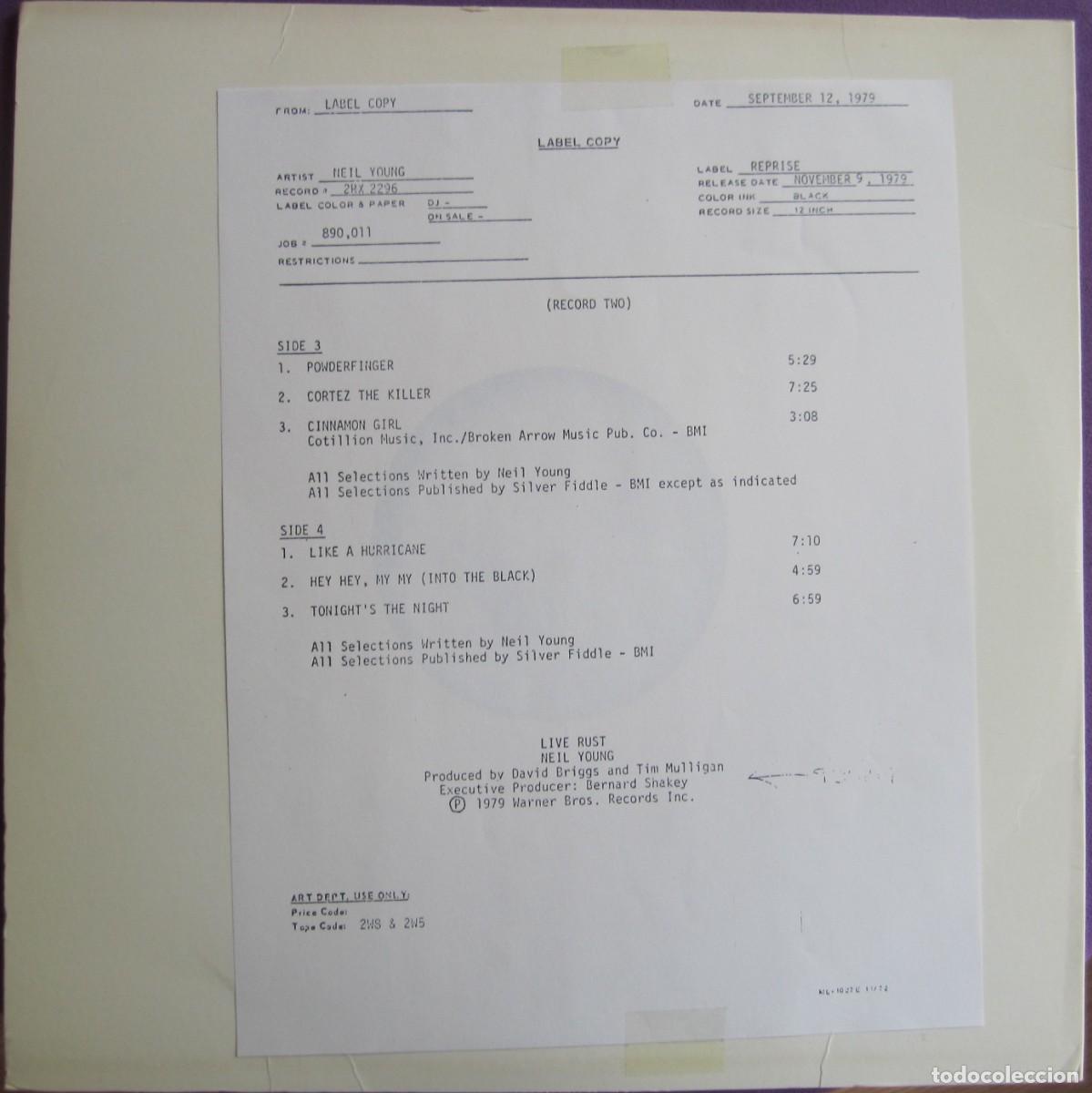 Discos de vinilo: NEIL YOUNG: LIVE RUST. RAR&Iacute;SIMO TEST PRESSING ORIGINAL U.S.A. DOBLE LP - Foto 2