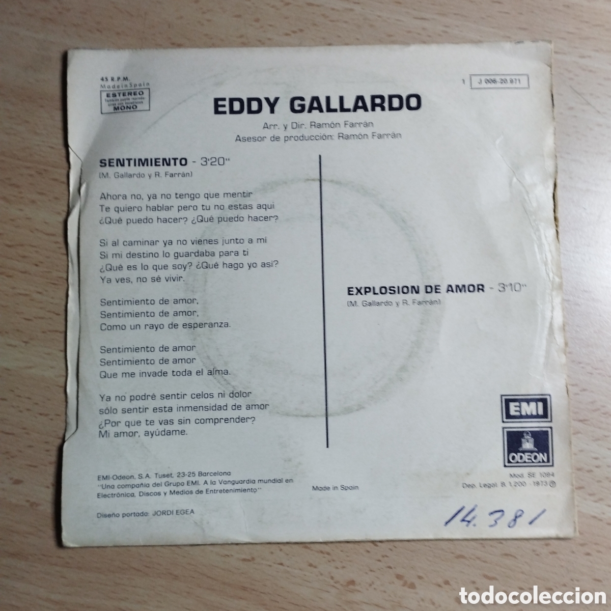 Discos de vinilo: Single 7&rdquo; Eddy Gallardo 1973 Sentimiento + Explosi&oacute;n de amor. - Foto 2