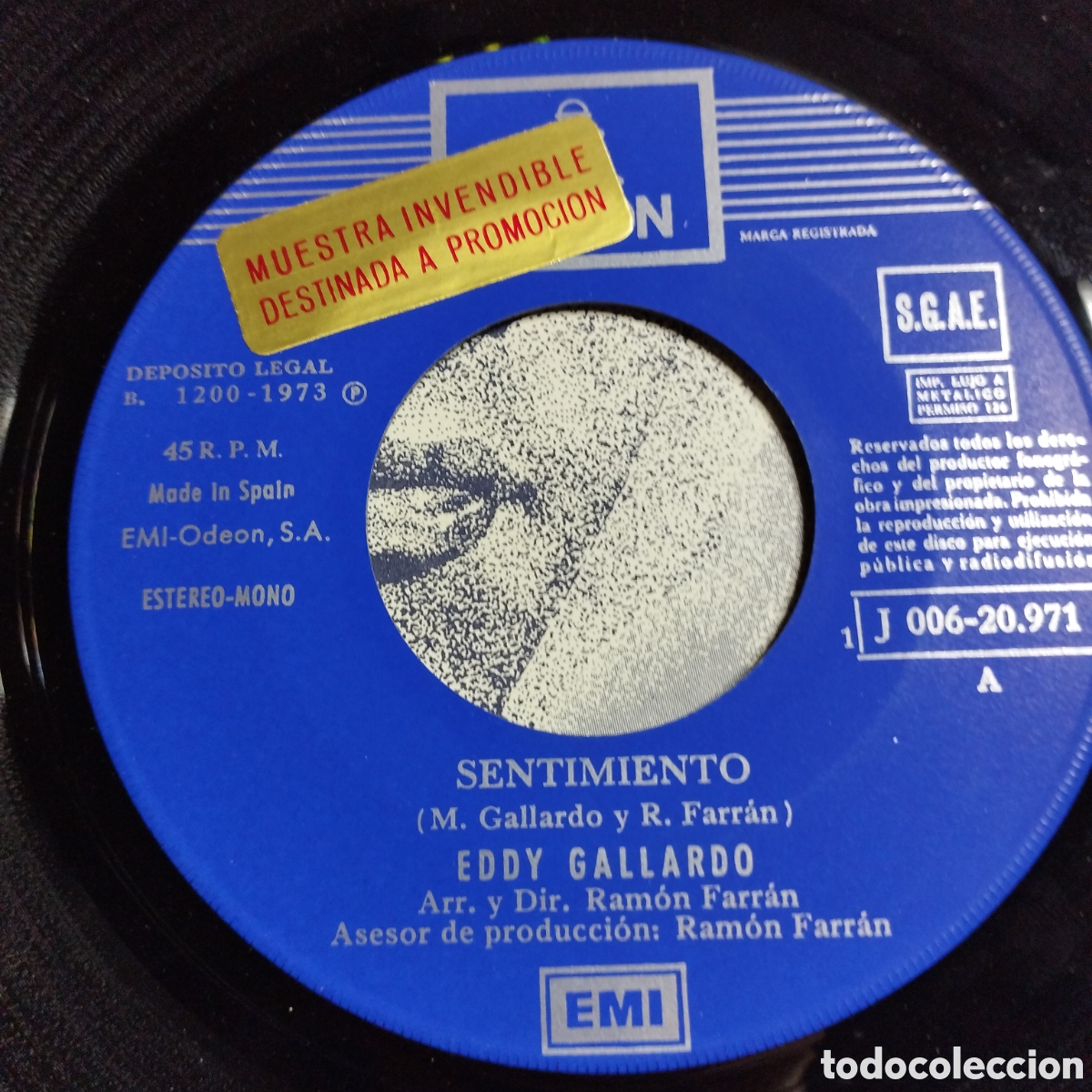 Discos de vinilo: Single 7&rdquo; Eddy Gallardo 1973 Sentimiento + Explosi&oacute;n de amor. - Foto 3