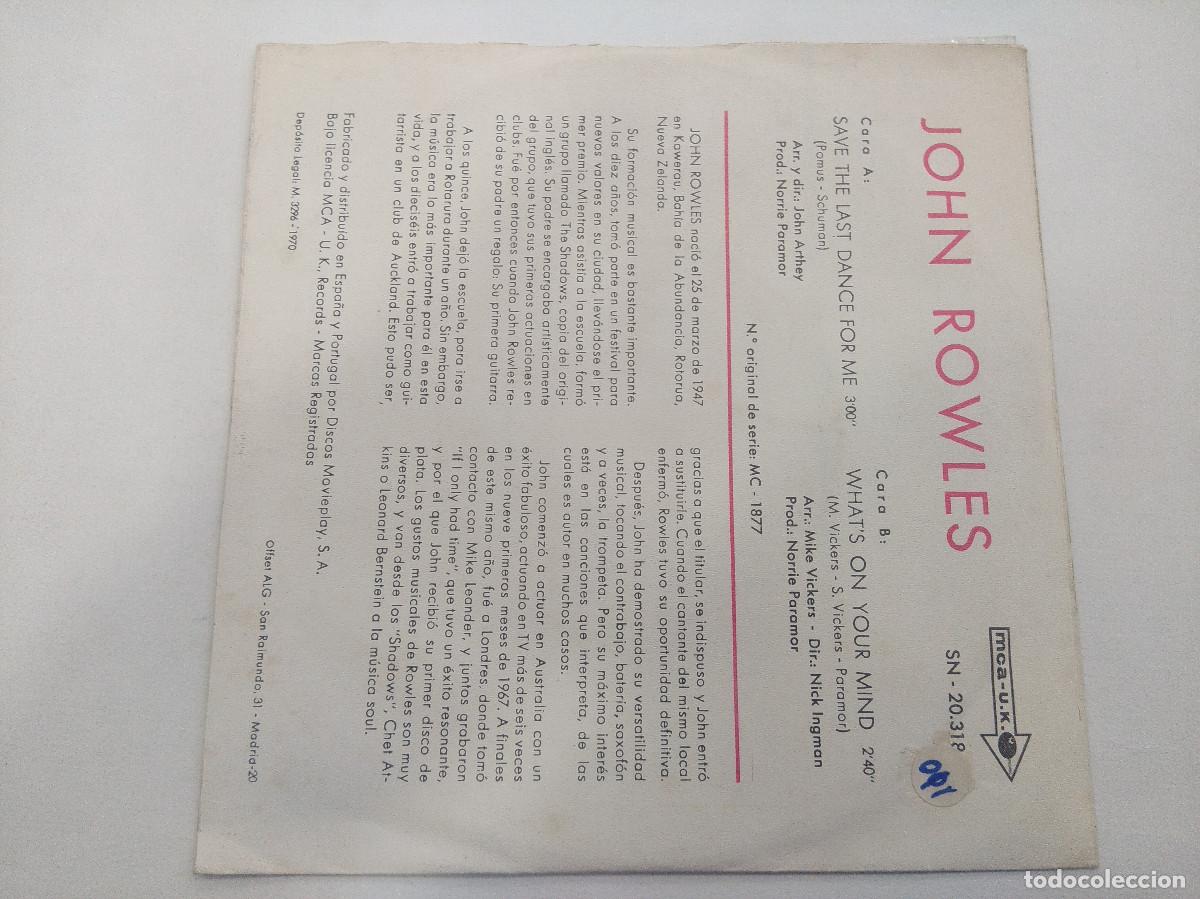 Discos de vinilo: JOHN ROWLES/SAVE THE LAST DANCE FOR ME/SINGLE. - Foto 3