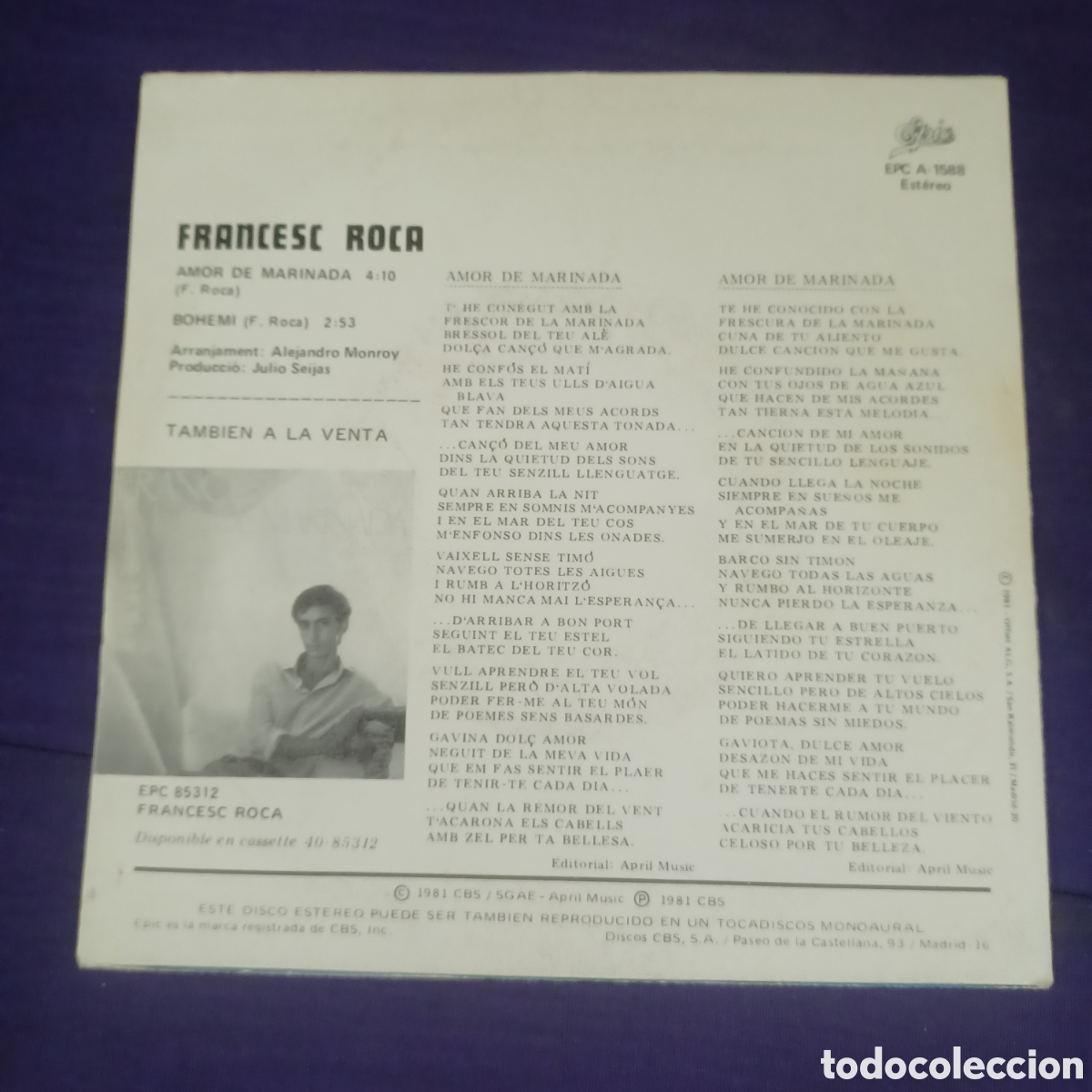 Discos de vinilo: FRANCESC ROCA - AMOR DE MARINADA 1981 SINGLE PROMO - Foto 2