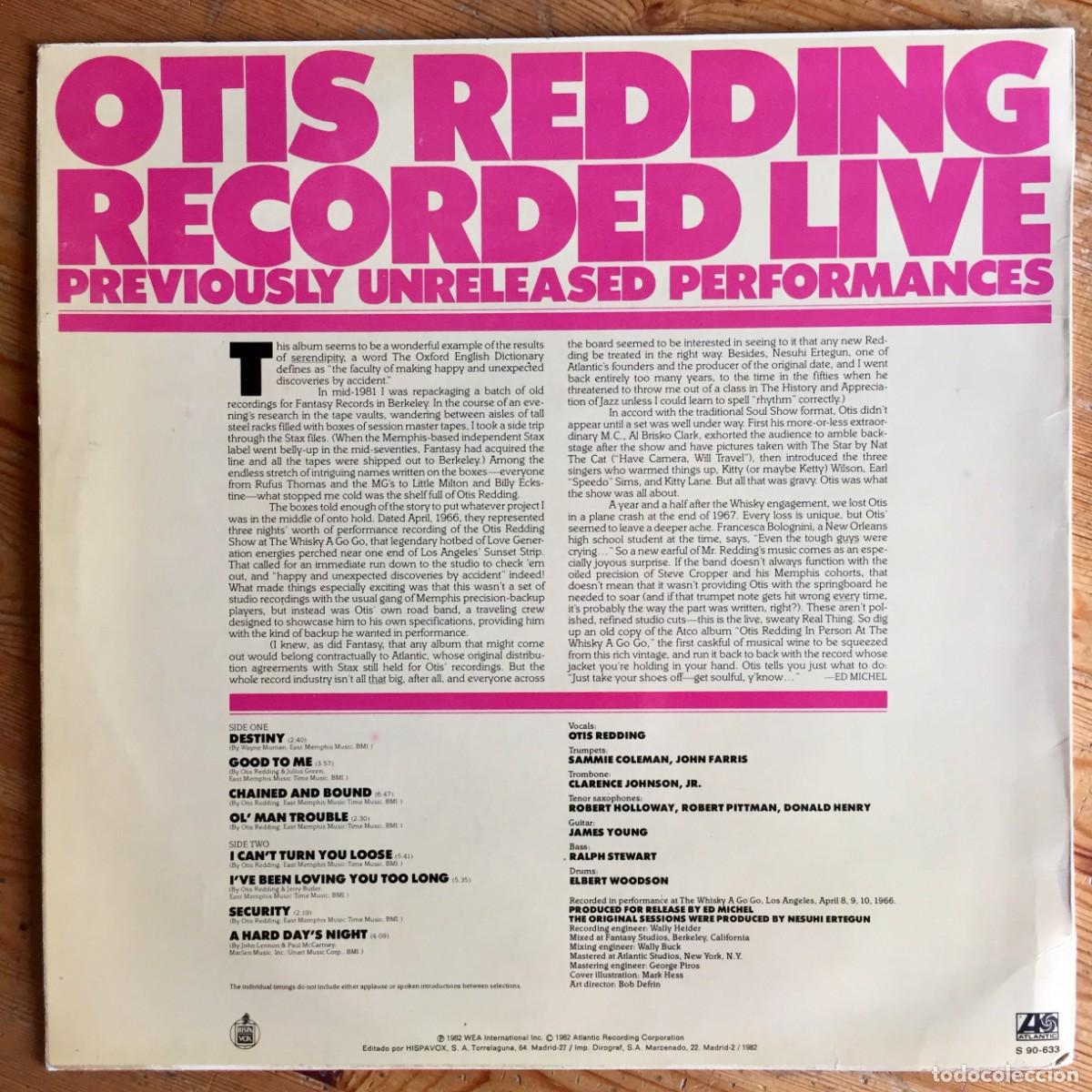 Discos de vinilo: OTIS REDDING : RECORDED LIVE [ATLANTIC - ESP 1982] LP - Foto 2