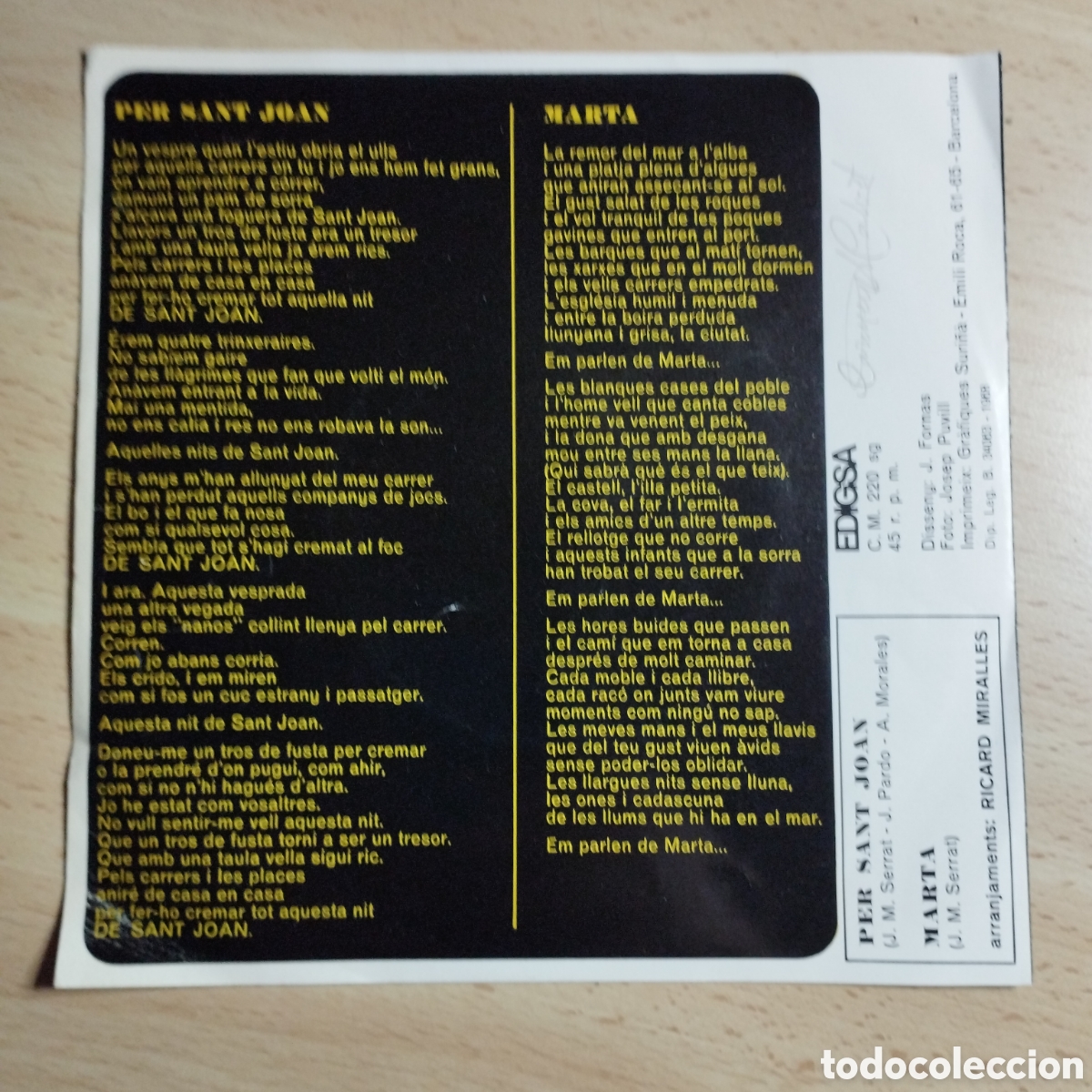 Discos de vinilo: Single 7&rdquo; Joan Manuel Serrat 1968 Per sant Joan + Marta. - Foto 2