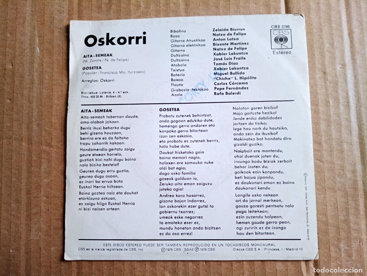 Discos de vinilo: OSKORRI - AITA SEMEAK SINGLE 1975 - Foto 3