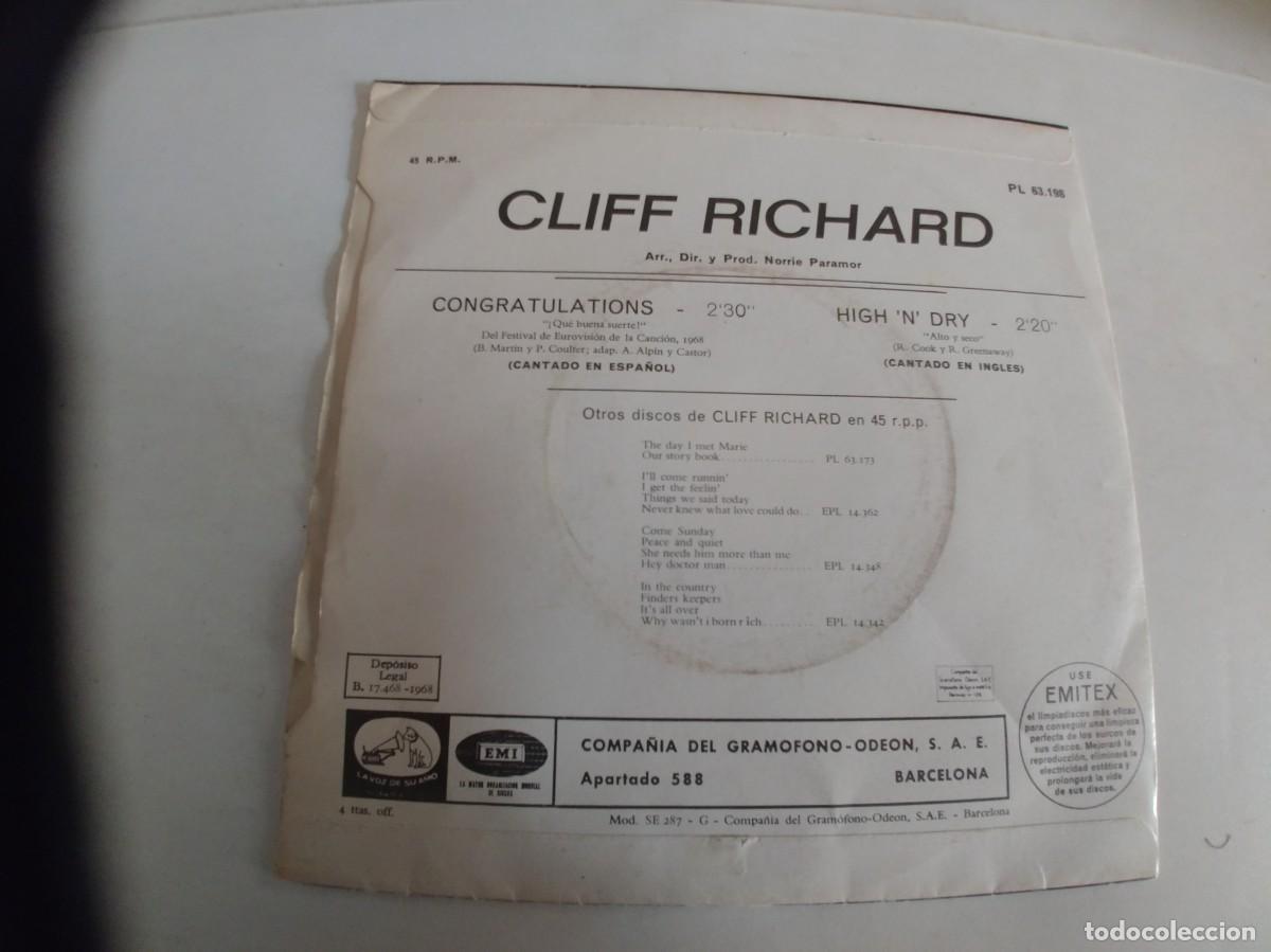 Discos de vinilo: CLIFF RICHARD-SINGLE CONGRATULATIONS-EN ESPA&Ntilde;OL - Foto 2