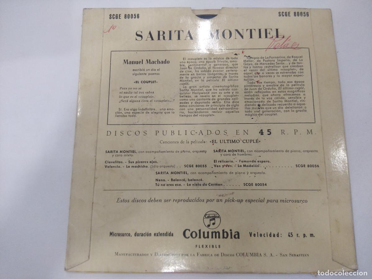 Discos de vinilo: SARITA MONTIEL/MI ULTIMO CUPLE/SINGLE. - Foto 3