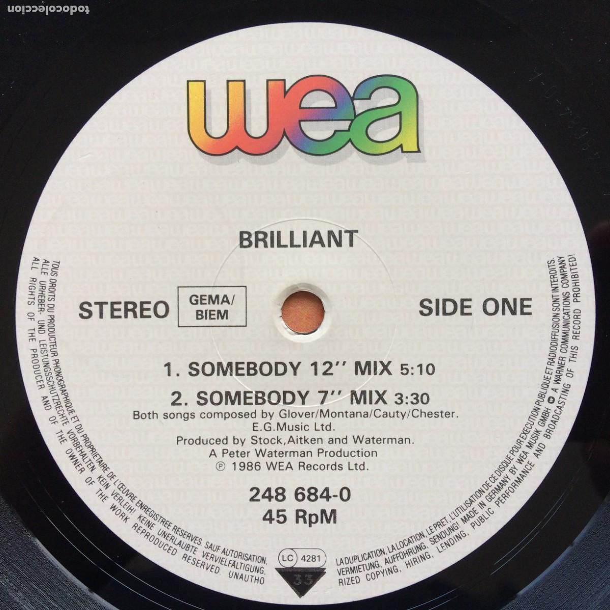 Discos de vinilo: Brilliant &lrm;&ndash; Somebody , Germany 1986 WEA Maxi - Foto 3