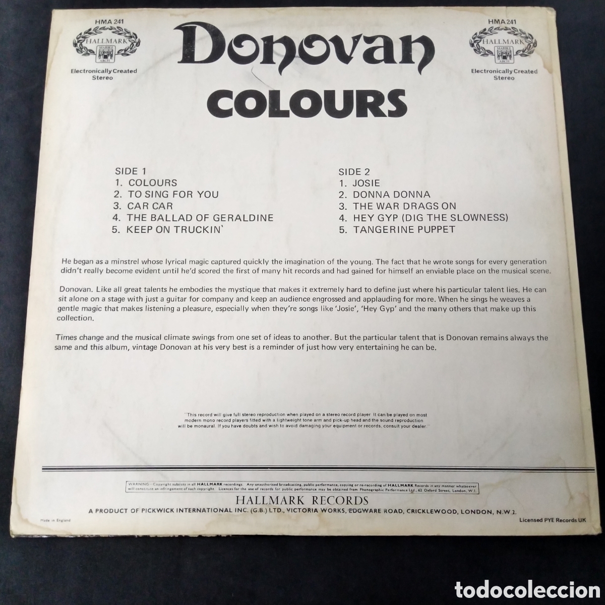 Discos de vinilo: DONOVAN - COLOURS - LP - 1965 - Foto 2