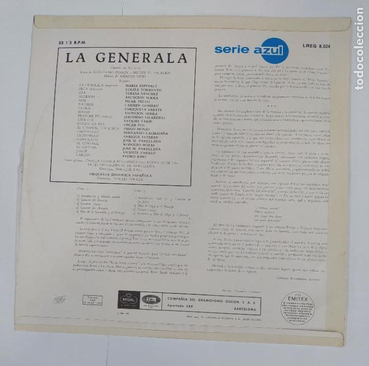 Discos de vinilo: LA GENERALA. AMADEO VIVES. LP. TDKLP2 - Foto 2