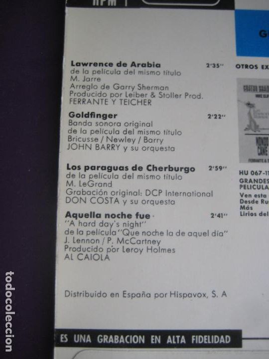 Discos de vinilo: Exitos De Pel&iacute;culas Vol. 3 - EP HISPAVOX 1964 - AL CAIOLA, FERRANTE TEICHER, - VERSION BEATLES - Foto 3