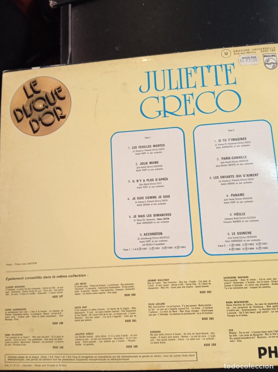 Discos de vinilo: JULIETTE GRECO- LE DISQUE D&acute;OR. LP - Foto 2