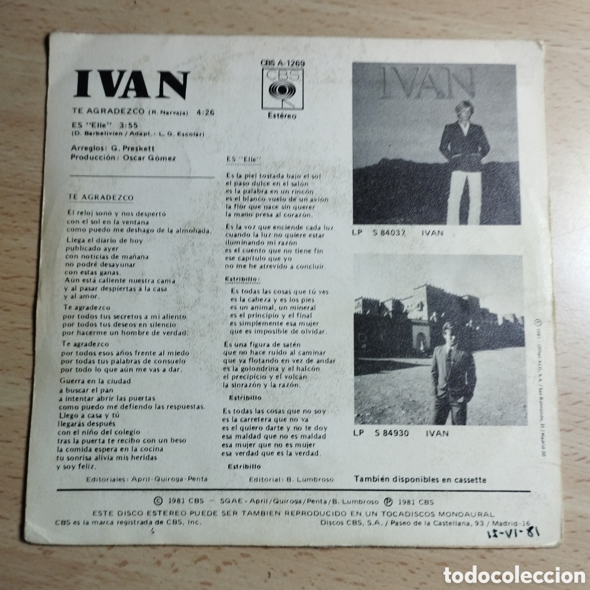 Discos de vinilo: Single 7&rdquo; PROMO. Iv&aacute;n 1981 Te agradezco + Es. - Foto 2
