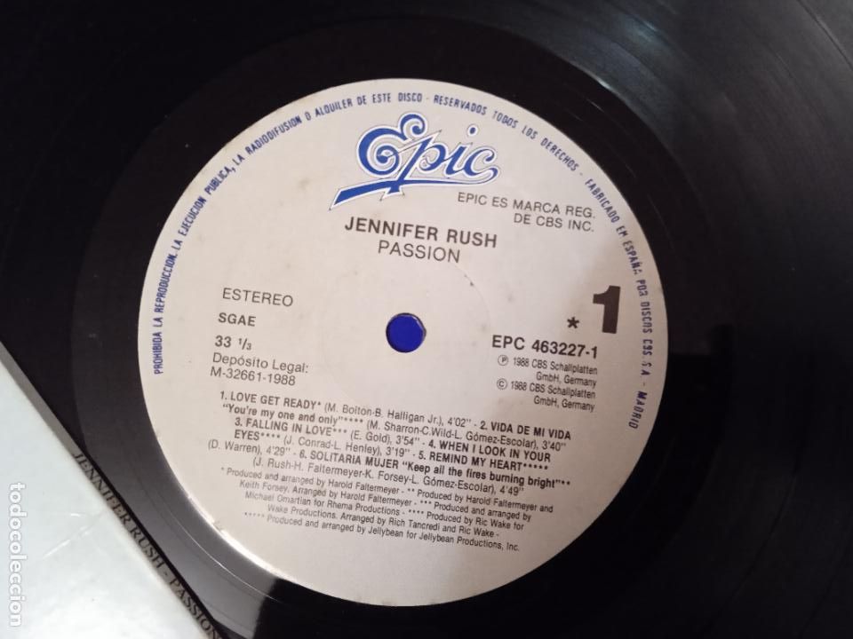 Discos de vinilo: JENNIFER RUSH. LP. PASSION. MADE SPAIN. 1988 - Foto 3