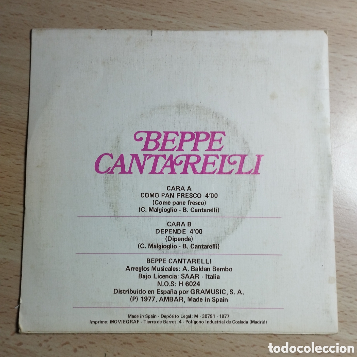 Discos de vinilo: Single 7&rdquo; Beppe Cantarelli 1977 Como pan fresco + Depende - Foto 2