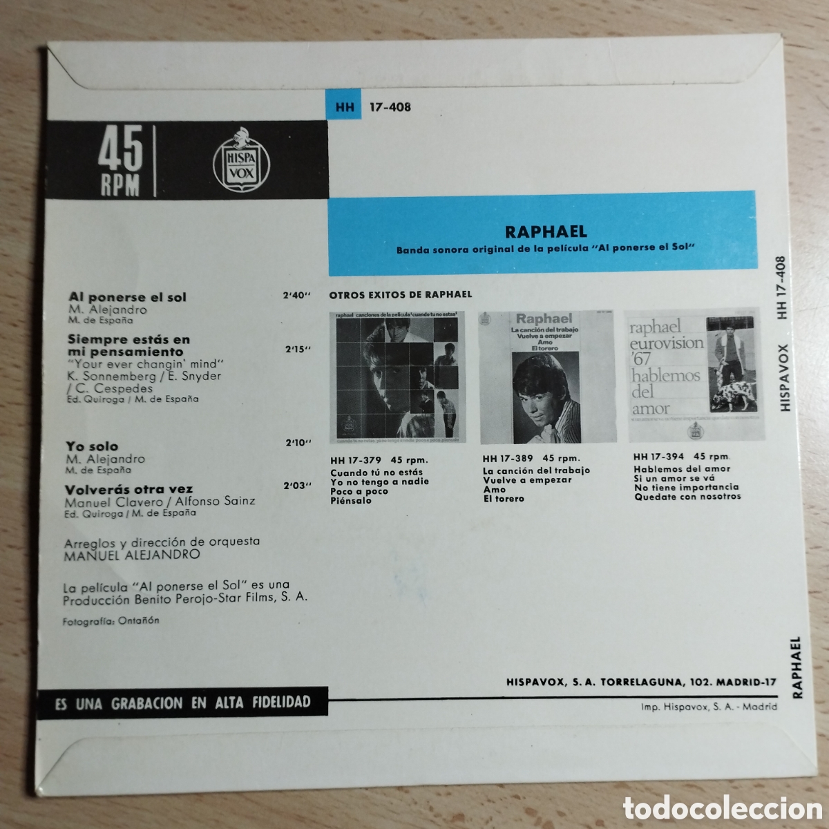 Discos de vinilo: EP 7&rdquo; Raphael 1967 Al ponerse el sol + 3 - Foto 2