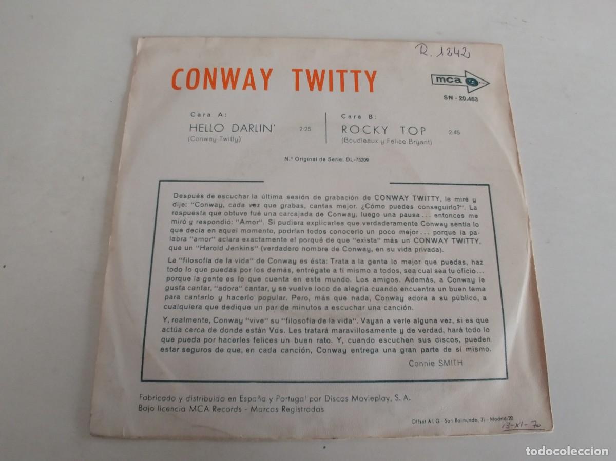 Discos de vinilo: CONWAY TWITTY-SINGLE HELLO DARLIN - Foto 2