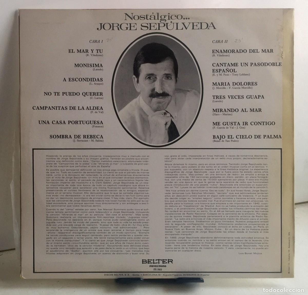 Discos de vinilo: Jorge Sep&uacute;lveda - Nost&aacute;lgico - LP - Foto 2