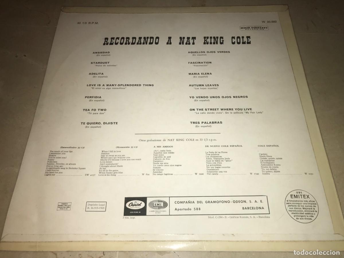 Discos de vinilo: RECORDANDO A NAT KING COLE-ORIGINAL ESPA&Ntilde;OL 1965 - Foto 2