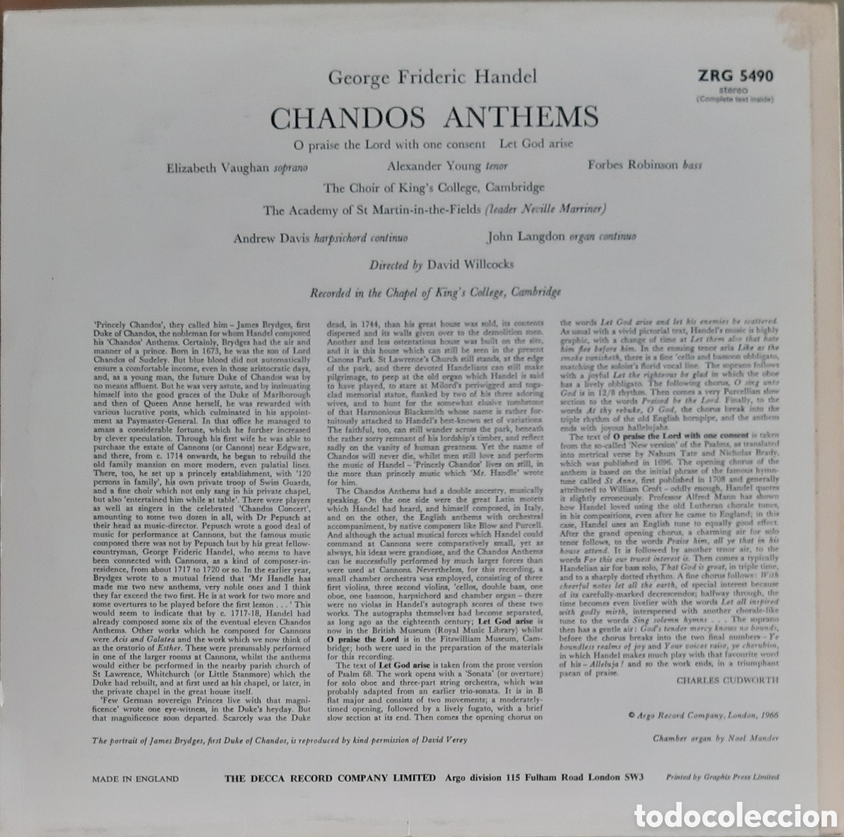 Discos de vinilo: Handel. Chandos Anthems. Director: David Willcocks. - Foto 2