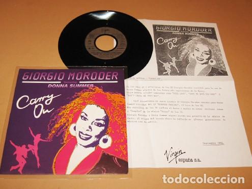 Discos de vinilo: DONNA SUMMER & GIORGIO MORODER - CARRY ON - SINGLE - 1992 + HOJA PROMOCIONAL - Foto 2