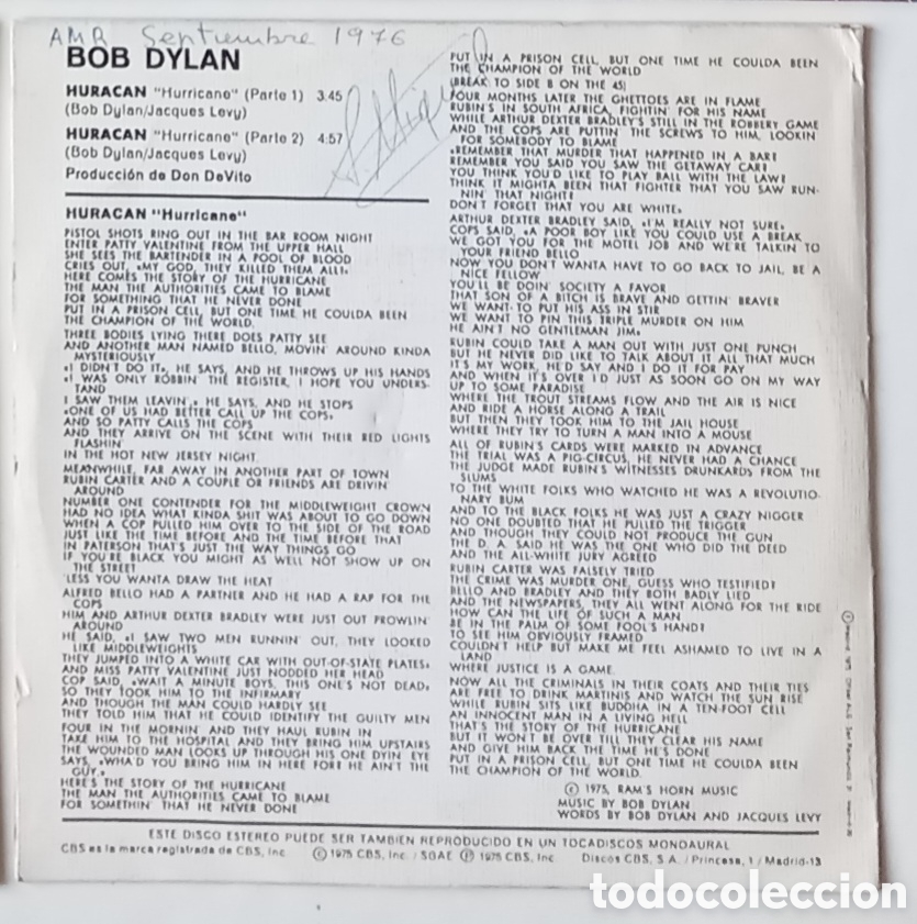 Discos de vinilo: BOB DYLAN &rdquo;HURACAN&rdquo; SINGLE 1975 - Foto 2
