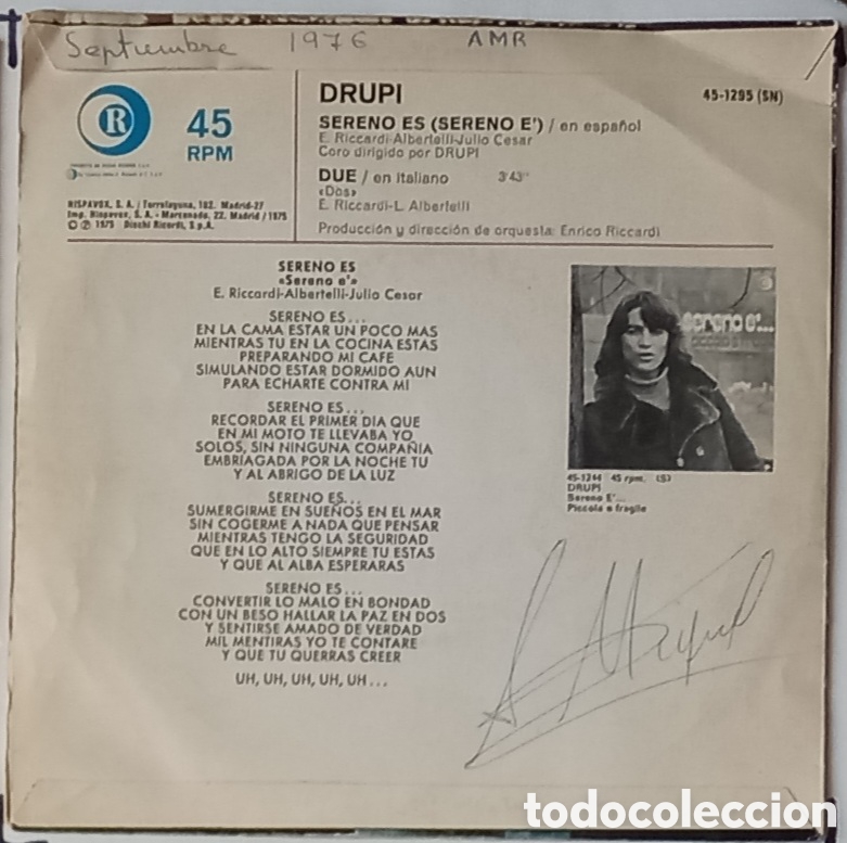 Discos de vinilo: DRUPI &rdquo;SERENO ES + DUE&rdquo; SINGLE 1975 - Foto 2