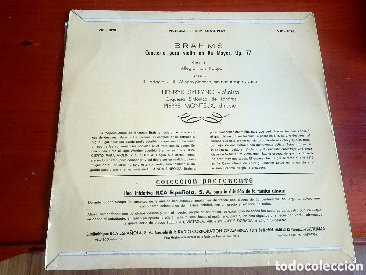 Discos de vinilo: Brahms Conciertos en re mayor opus 77 - Foto 2