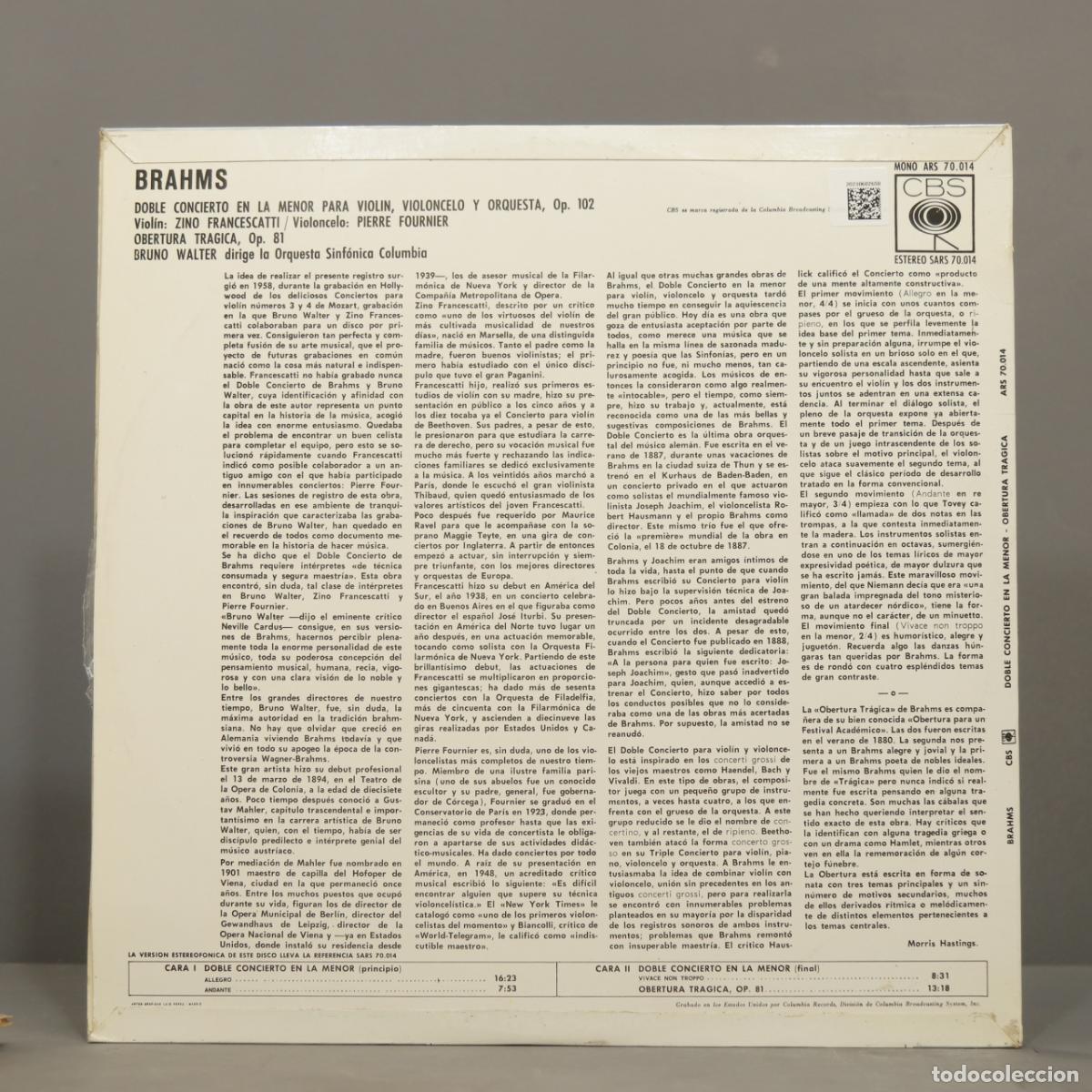 Discos de vinilo: LP. BRAHMS. DOBLE CONCIERTO PARA VIOLIN Y VIOLONCELO. WALTER - Foto 2