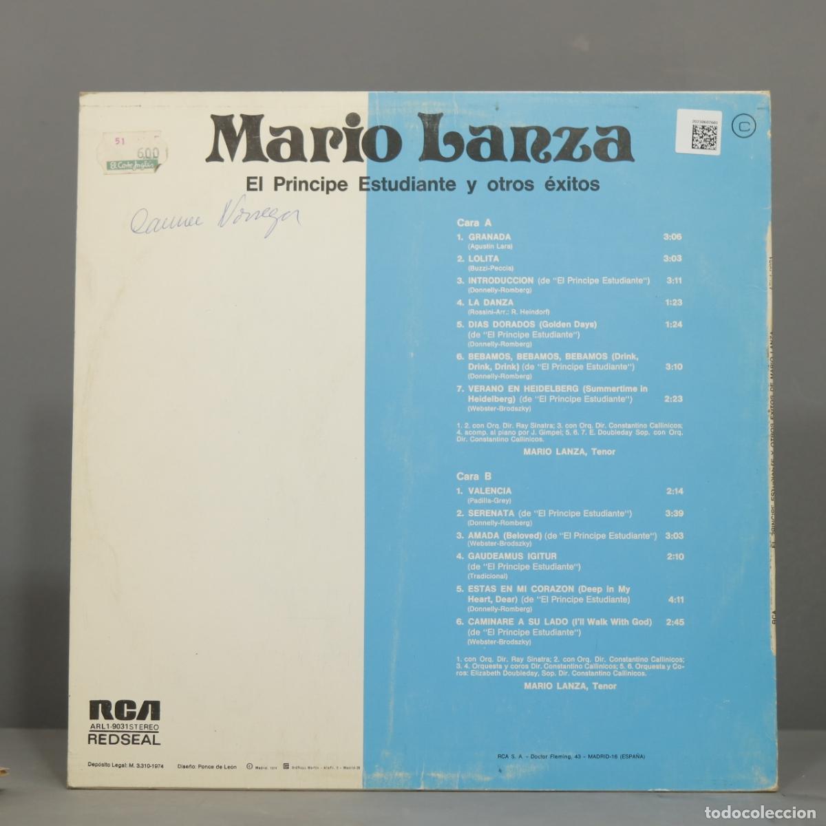 Discos de vinilo: LP. Mario Lanza &ndash; El Principe Estudiante Y Otros Exitos - Foto 2