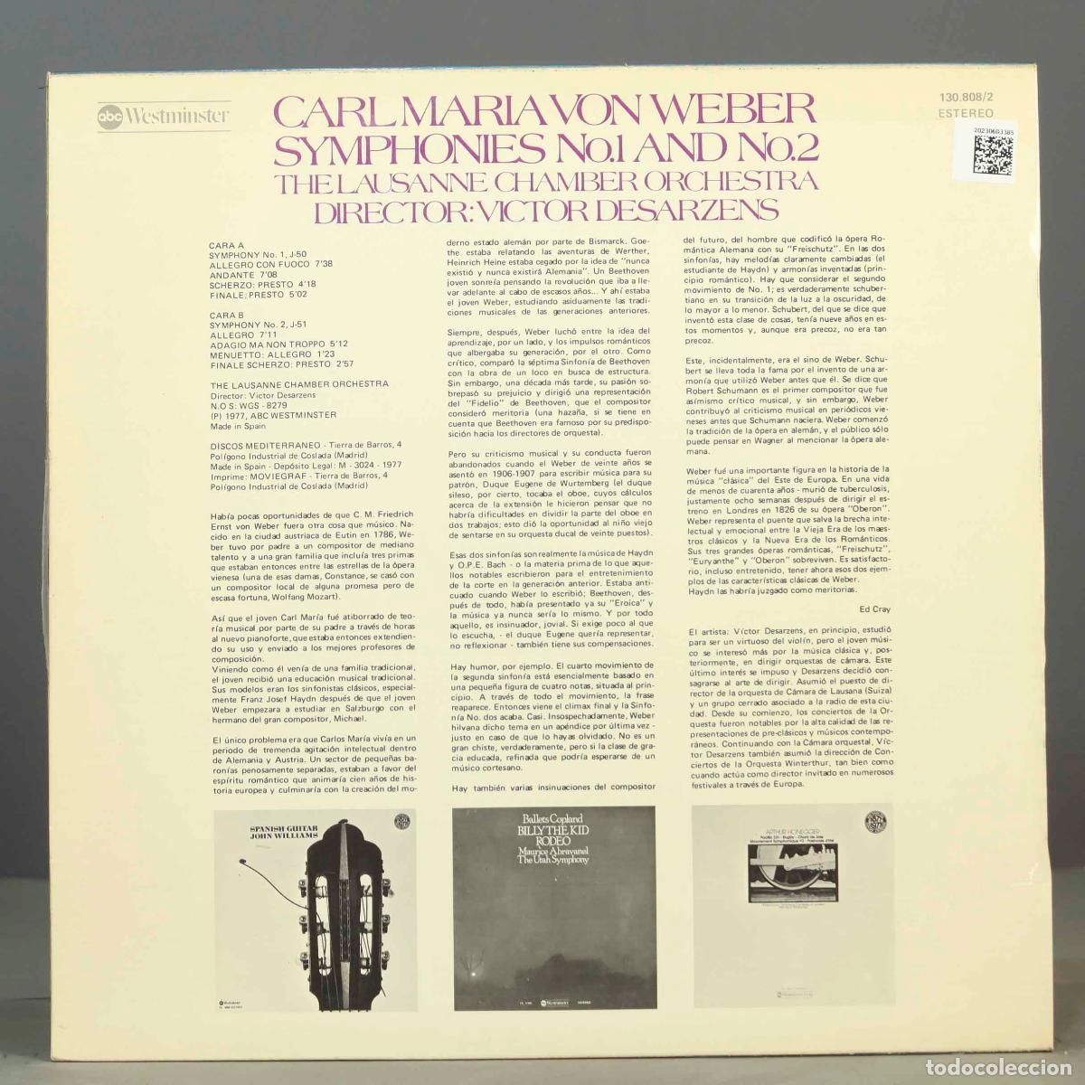 Discos de vinilo: LP. SYMPHONIES 1 2. WEBER. DESARZENS - Foto 2