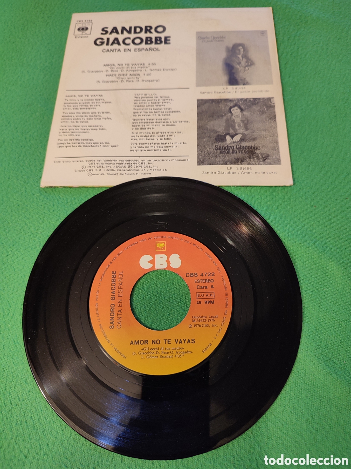 Discos de vinilo: Sandro Giacobbe - Amor no te vayas - Foto 2