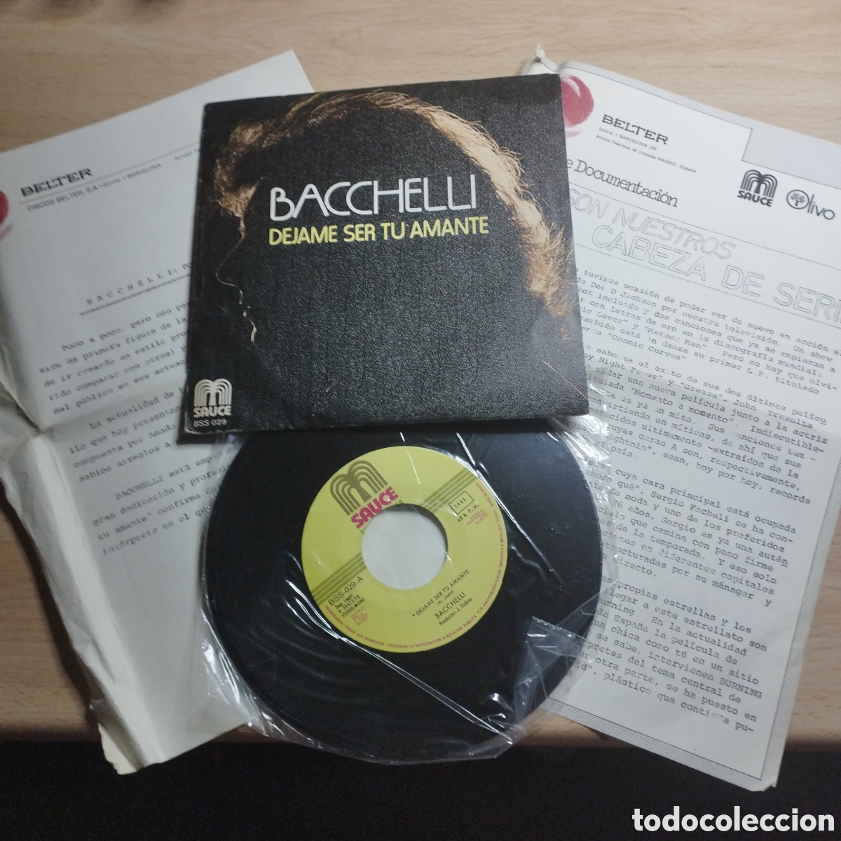 Disques de vinyle: Single 7&rdquo; Bacchelli 1978 Dejame ser t&uacute; amante + Tu piel desnuda. Nuevo.