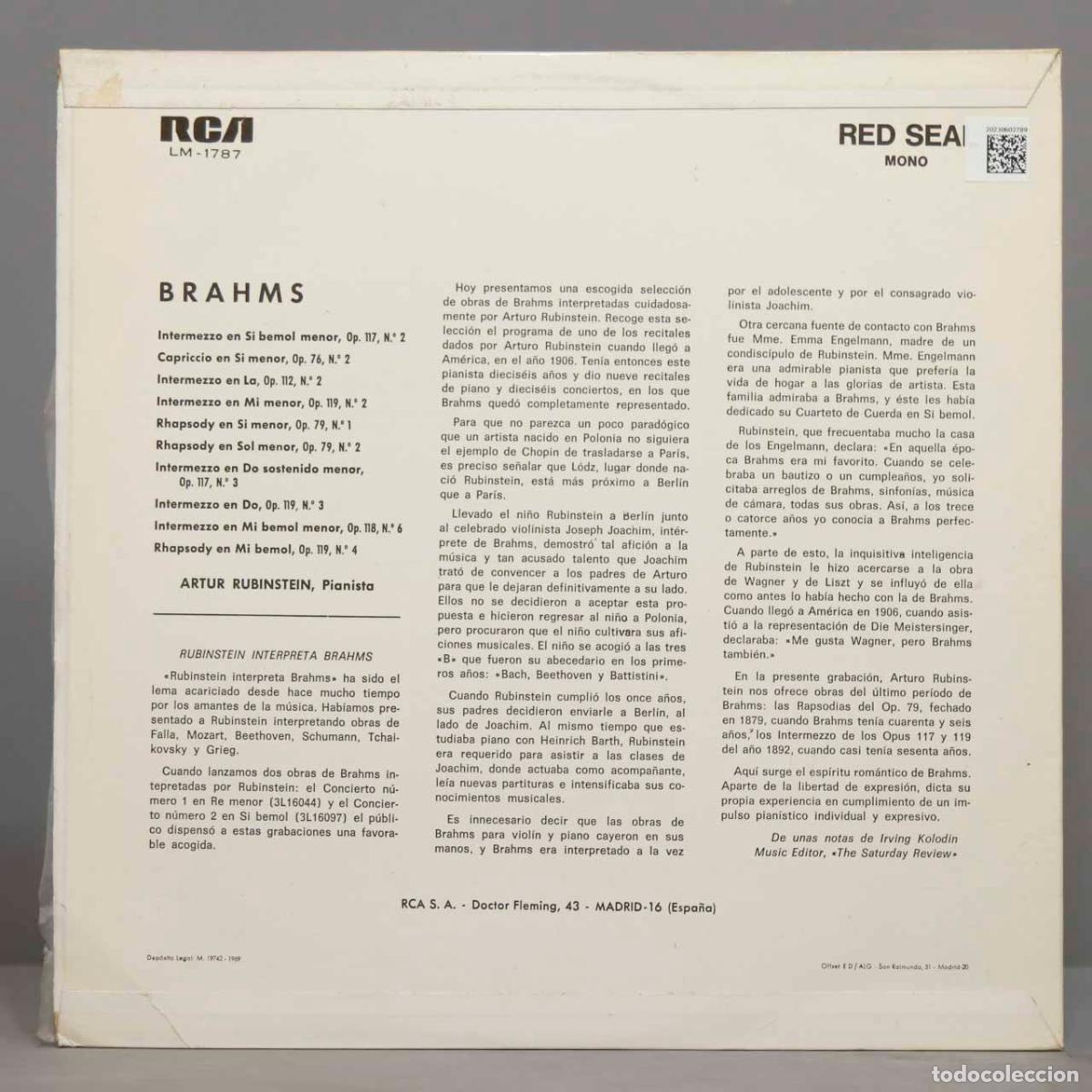Discos de vinilo: LP. RUBINSTEIN INTERPRETA A BRAHMS - Foto 2