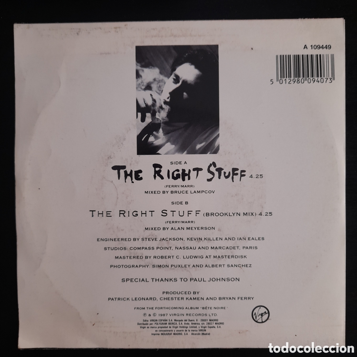 Discos de vinilo: Bryan Ferry &ndash; The Right Stuff. Vinilo, 7&rdquo;, Single. 1987, Espa&ntilde;a. - Foto 2