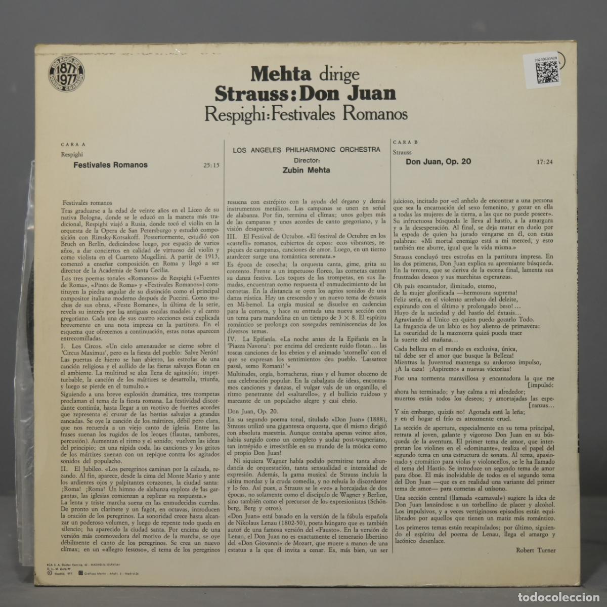 Discos de vinilo: LP. MEHTA DIRIGE STRAUSS. RESPIGHI - Foto 2
