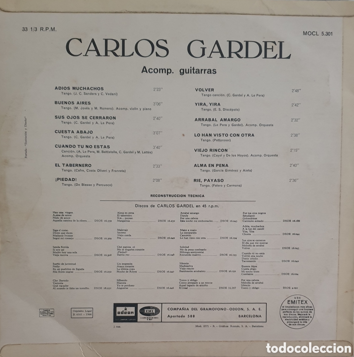 Discos de vinilo: Carlos Gardel - Carlos Gardel - LP Odeon 1966 BPY - Foto 2