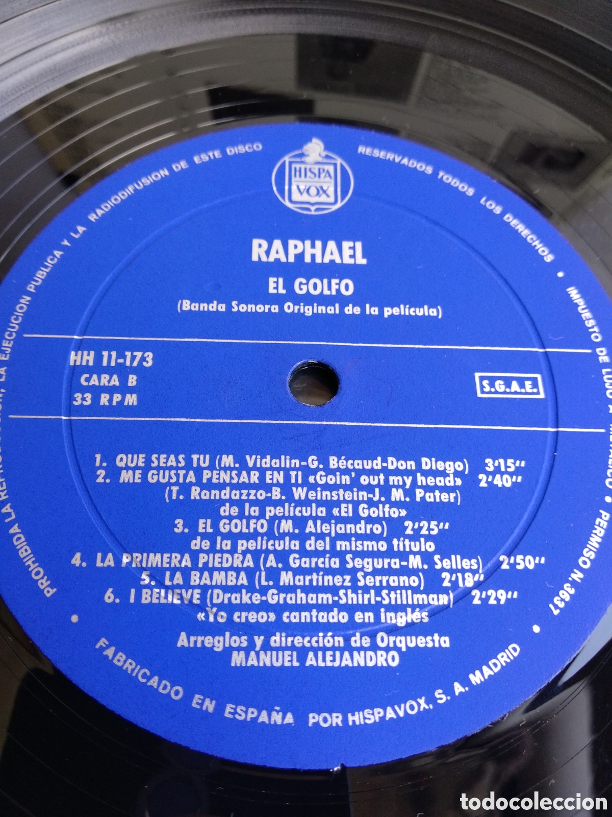 Discos de vinilo: RAPHAEL, EL GOLFO, SPAIN, HISPAVOX, 1969,Z.2 - Foto 3