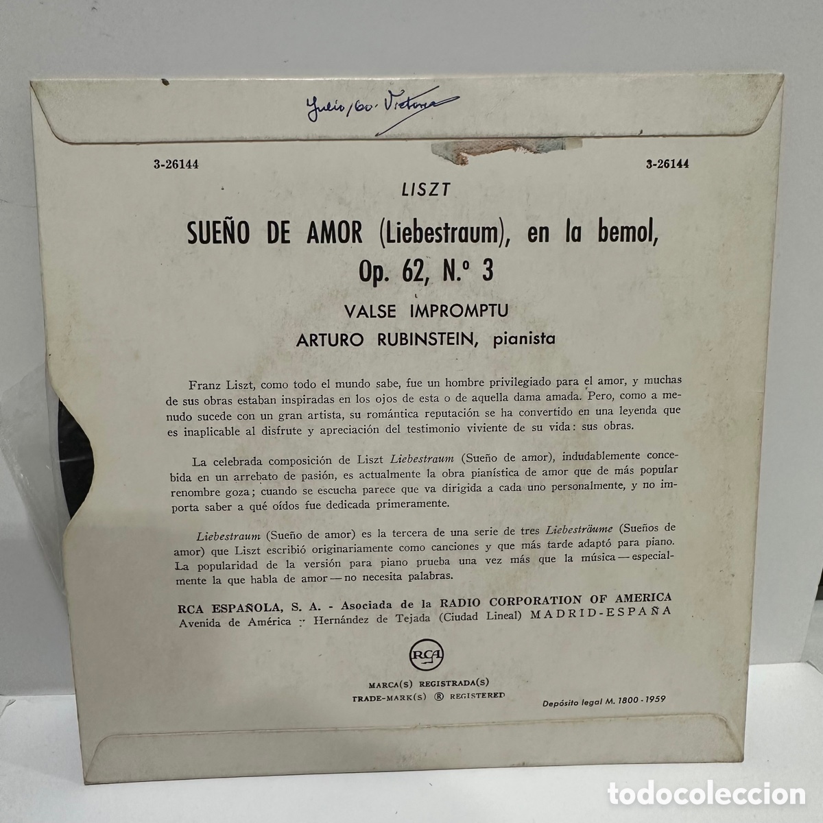 Discos de vinilo: Arturo Rubinstein - Sue&ntilde;o De Amor (7&rdquo;, EP) 3-26144 - Foto 2