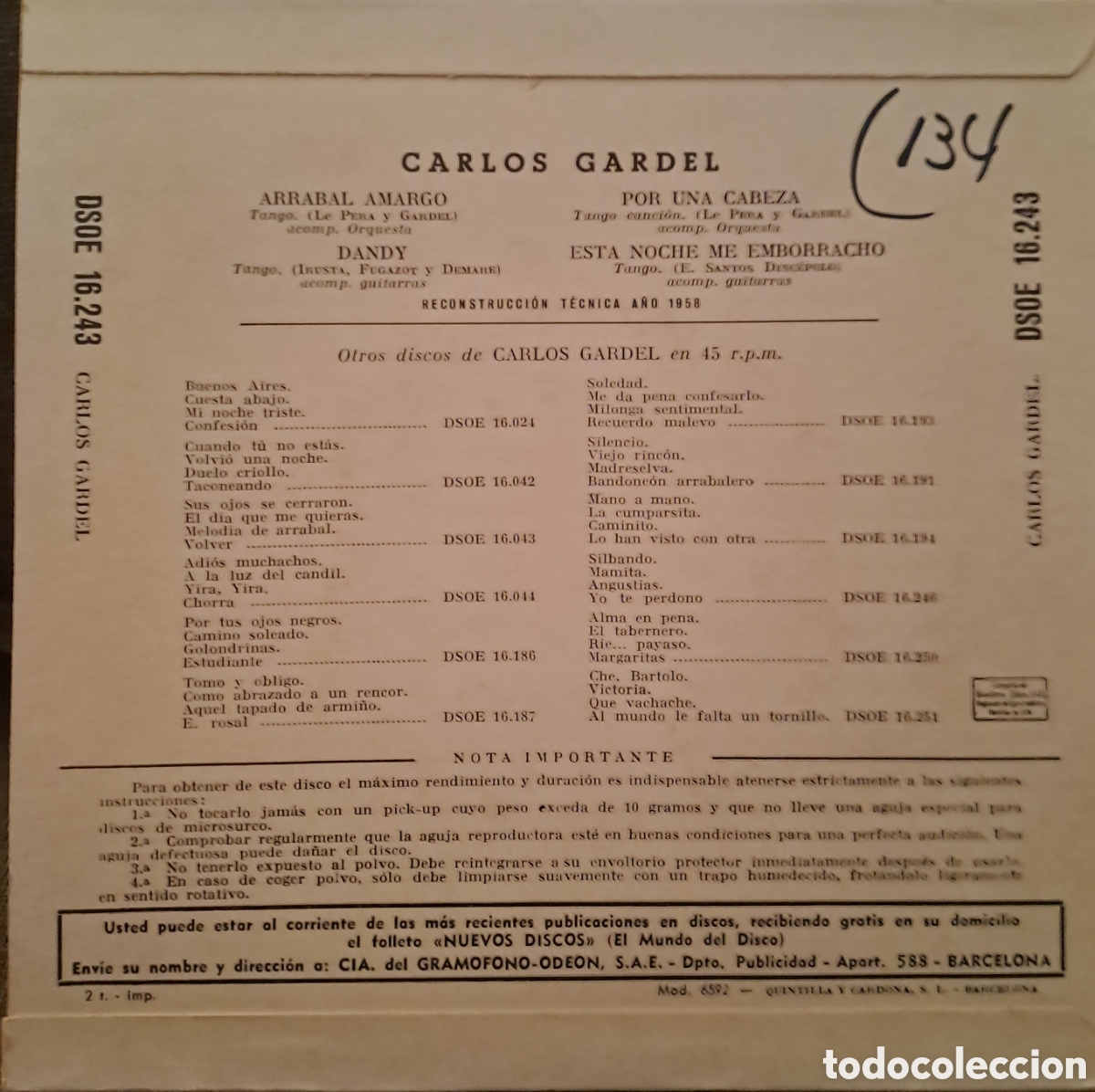 Discos de vinilo: CARLOS GARDEL. ARRABAL AMARGO +3.IGS.1 - Foto 2