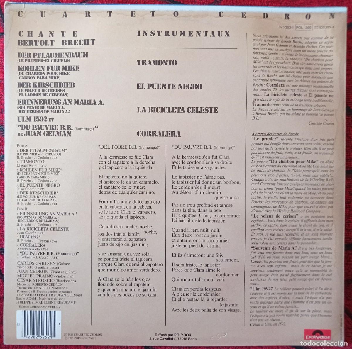 Discos de vinilo: CUARTETO CEDRON ** Chante Bertolt Brecht ** ORIGINAL 1985 VINILO LP - Foto 2