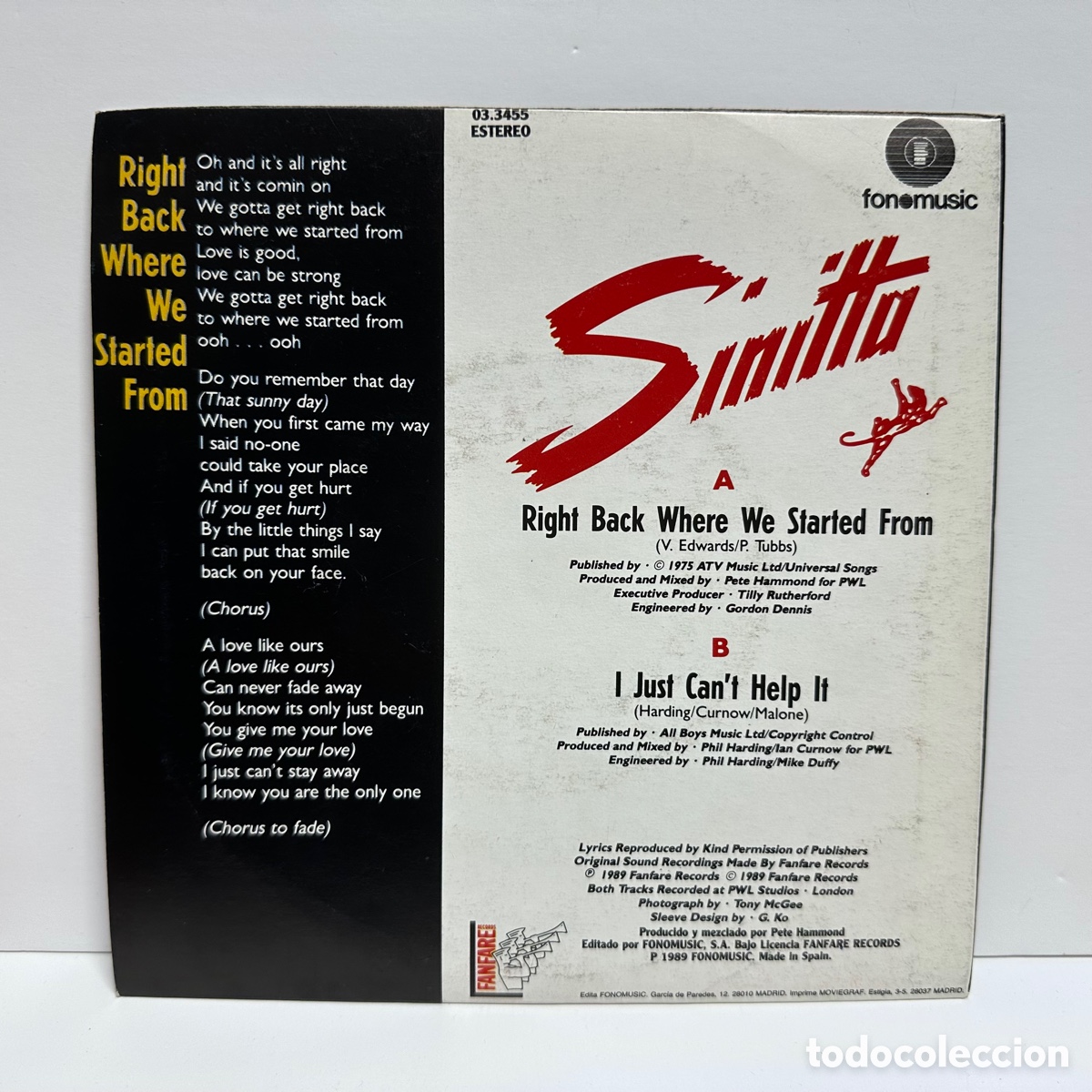 Discos de vinilo: Sinitta - Right Back Where We Started From (7&rdquo;, Single) - Foto 2