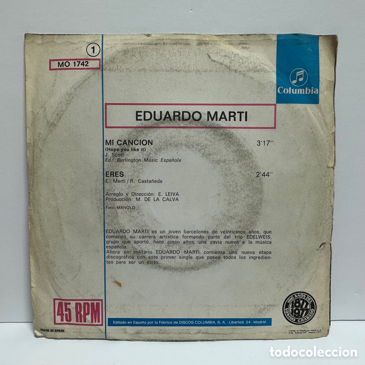 Discos de vinilo: Eduardo Mart&iacute; - Mi Canci&oacute;n / Eres (7&rdquo;, Single, Promo) - Foto 2