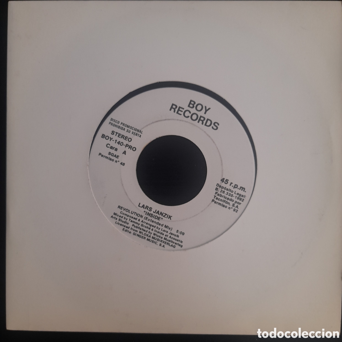 Discos de vinilo: Lars Janzik &ndash; Inside. 1992, Espa&ntilde;a. Vinilo, 7&rdquo;, Promo - Foto 1