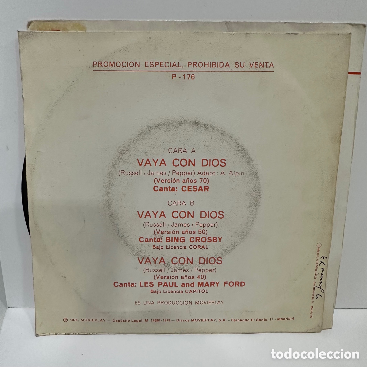 Discos de vinilo: Cesar - Vaya Con Dios (7&rdquo;, Promo) - Foto 2