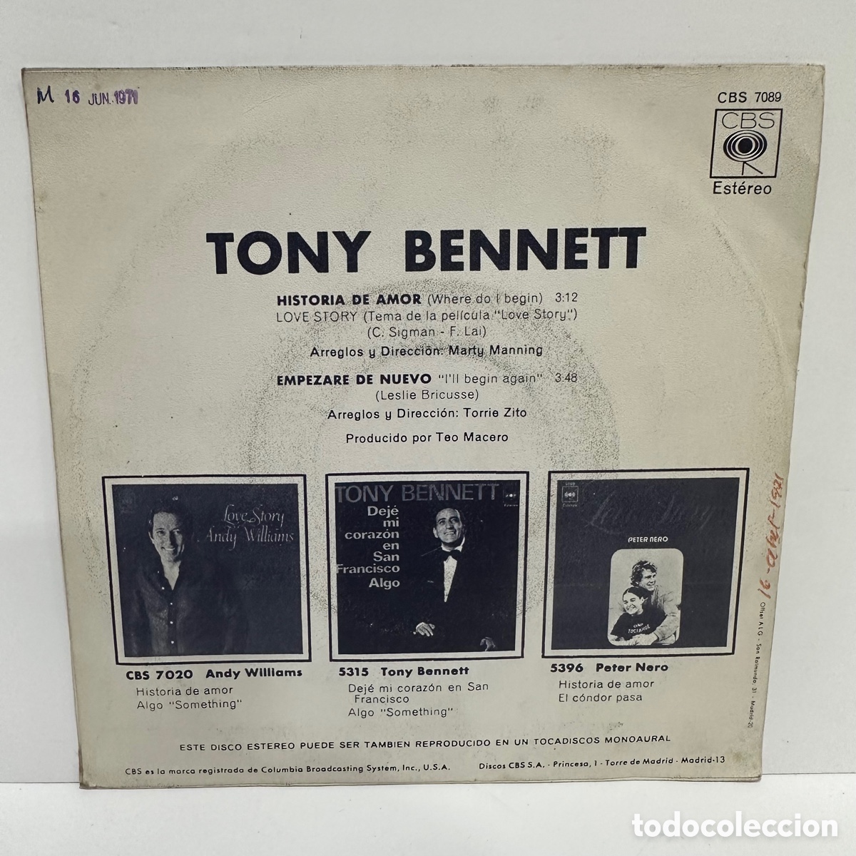 Discos de vinilo: Tony Bennett - Love Story (7&rdquo;, Single) - Foto 2