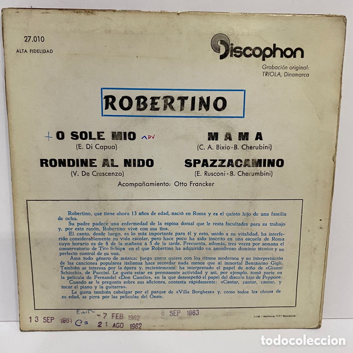 Discos de vinilo: Robertino - O Sole Mio (7&rdquo;, EP) - Foto 2