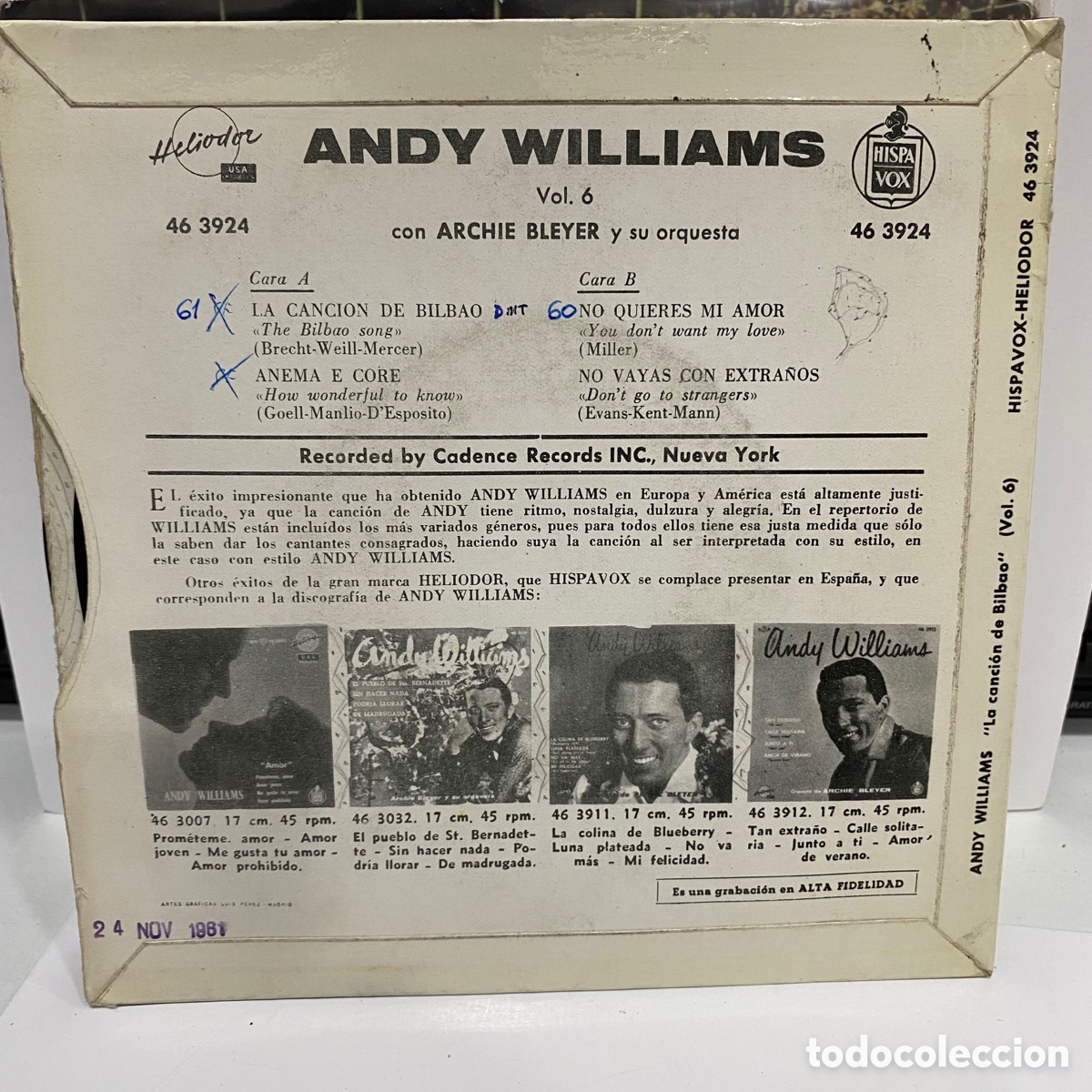 Discos de vinilo: Andy Williams - La Canci&oacute;n De Bilbao (7&rdquo;, EP) - Foto 2