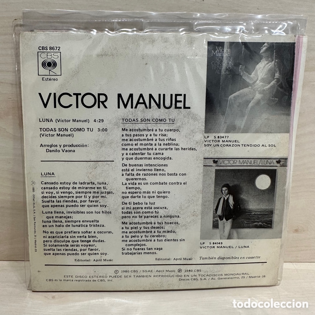 Discos de vinilo: Victor Manuel - Luna / Todas Son Como T&uacute; (7&rdquo;, Single) - Foto 2