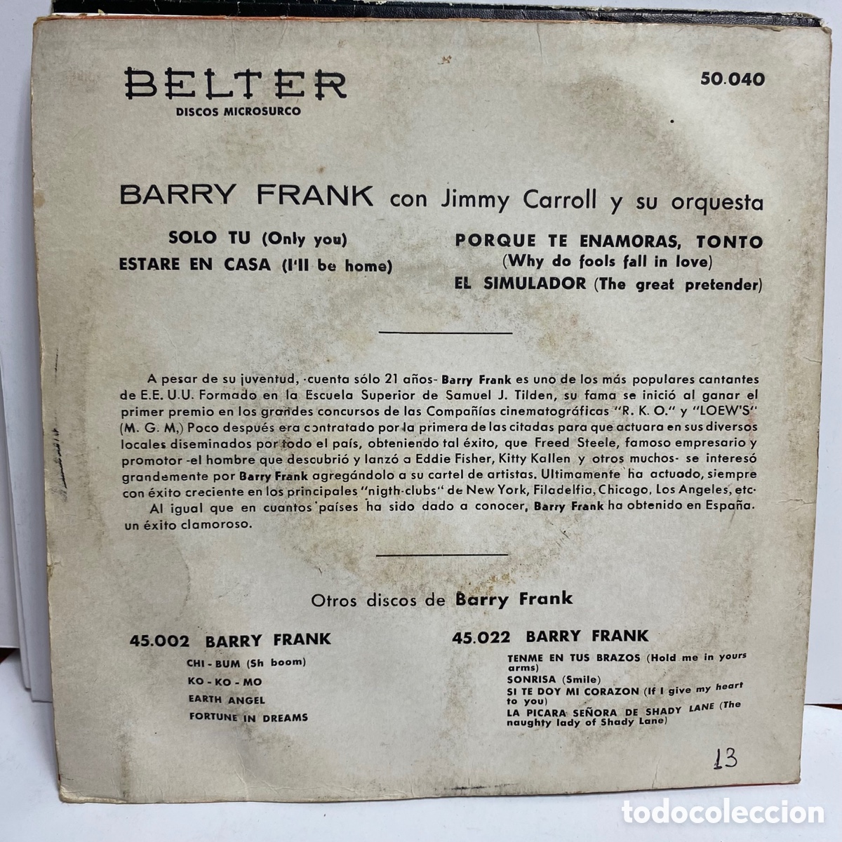 Discos de vinilo: Barry Frank - Canta: Solo Tu (7&rdquo;, EP) - Foto 2