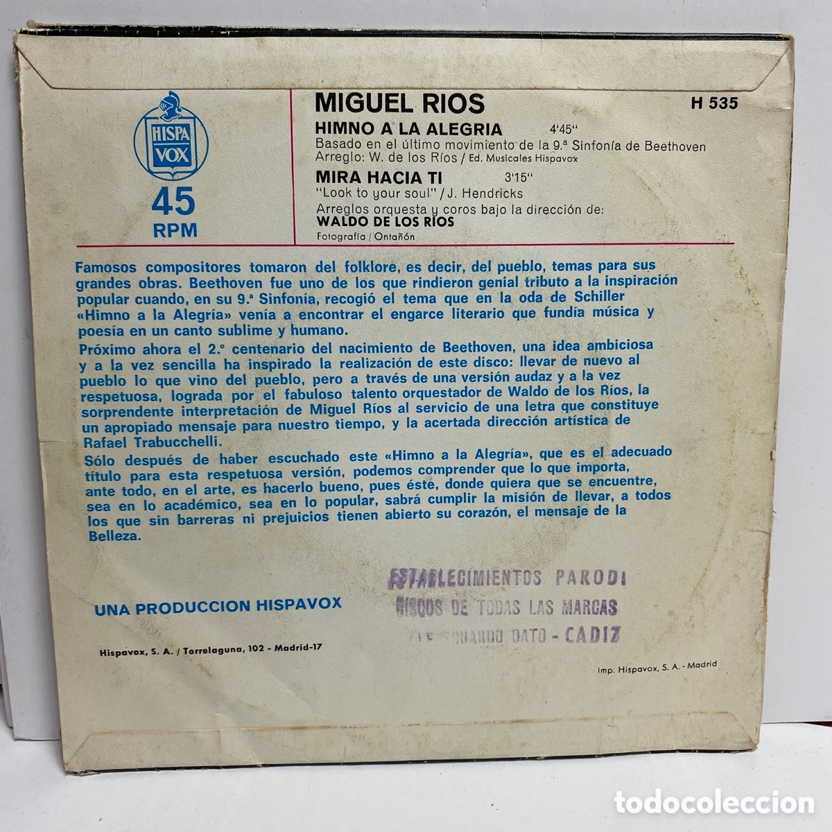 Discos de vinilo: Miguel Rios - Himno A La Alegria (7&rdquo;, Single) - Foto 2
